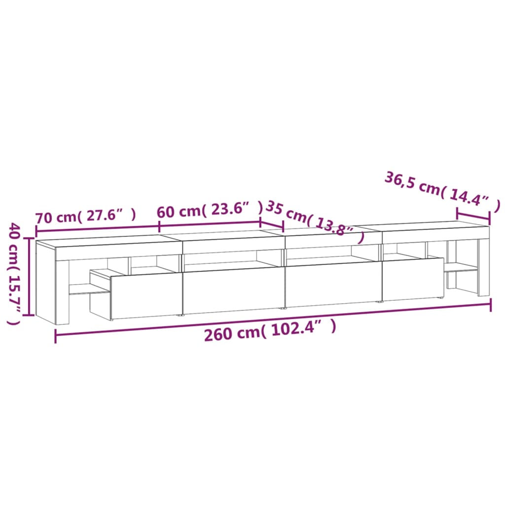Betonszürke TV-szekrény LED lámpákkal 260x36,5x40 cm 12