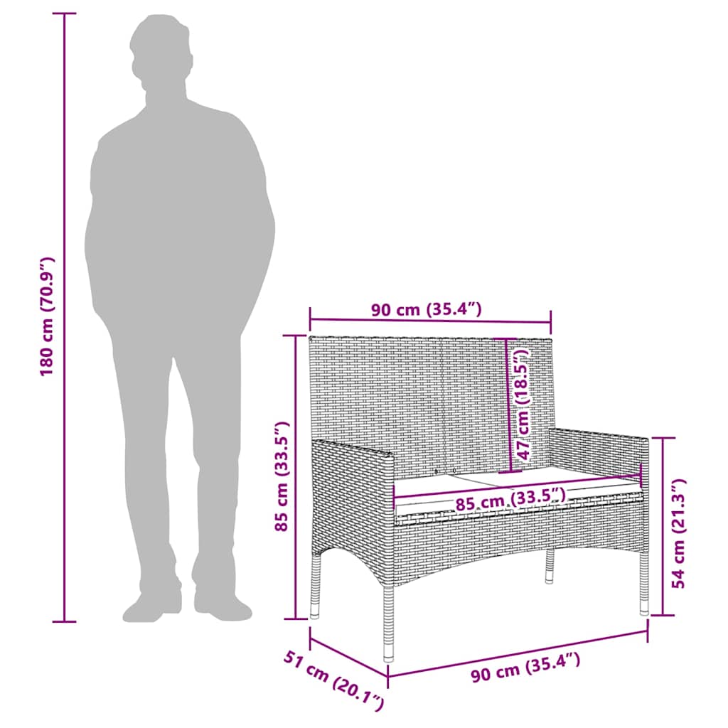 Fekete 2 személyes polyrattan kerti pad párnával 9
