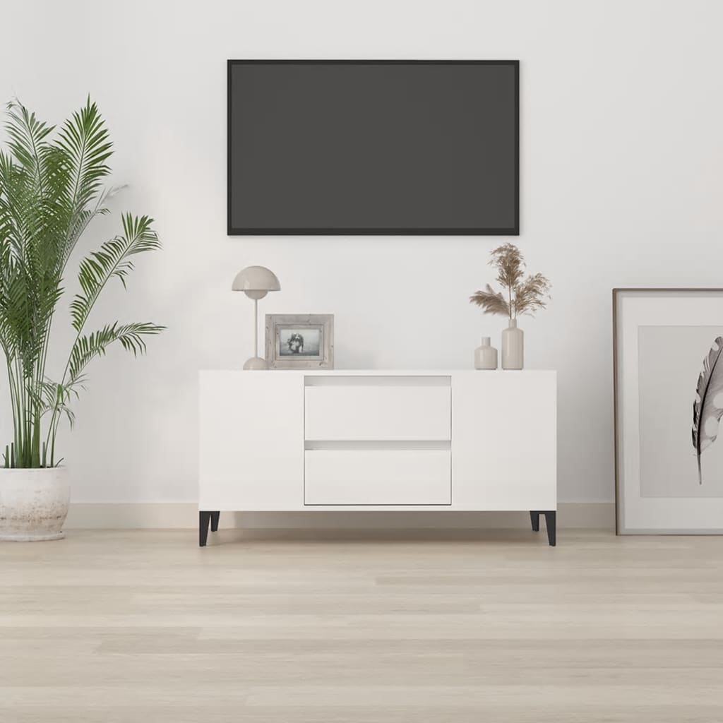 Fehér magasfényű szerelt fa TV-szekrény 102x44,5x50 cm 3