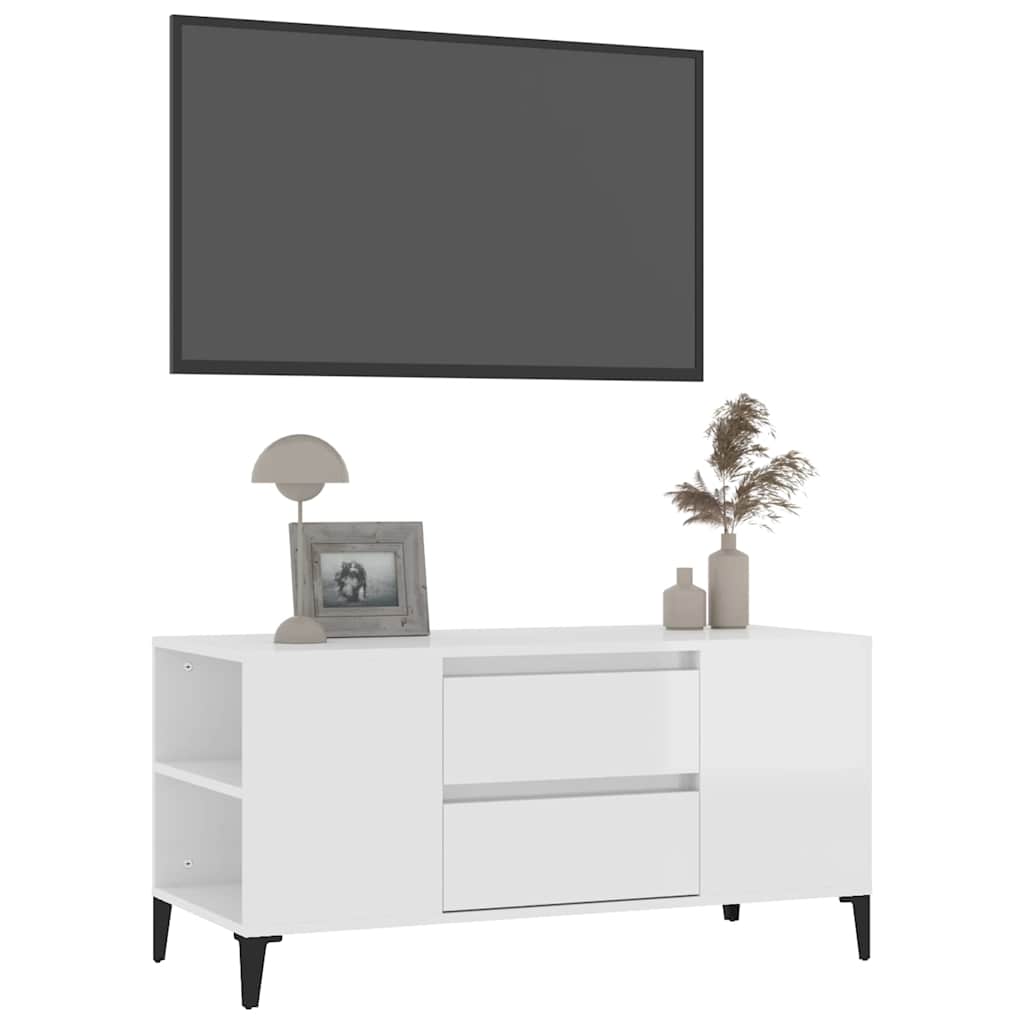 Fehér magasfényű szerelt fa TV-szekrény 102x44,5x50 cm 4