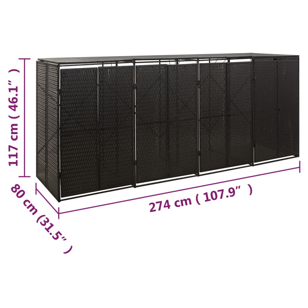Fekete polyrattan négyes kerekeskuka tárolófészer 274x80x117 cm 7