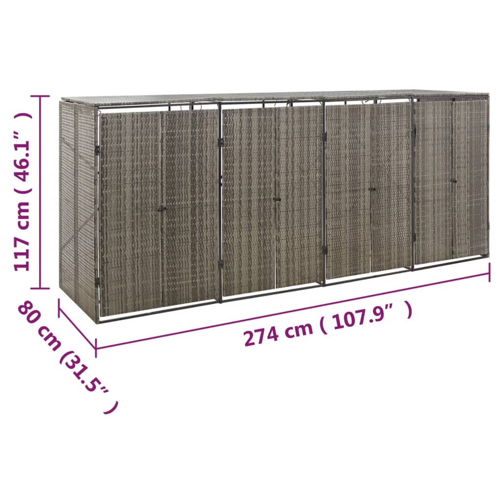 Szürke polyrattan négyes kerekeskuka tárolófészer 274x80x117 cm 7