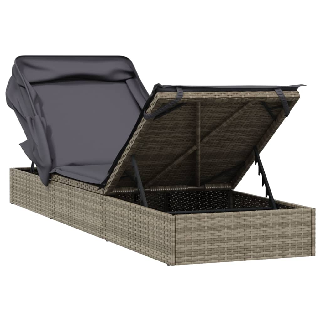 Szürke polyrattan napozóágy összecsukható tetővel 213x63x97 cm 9