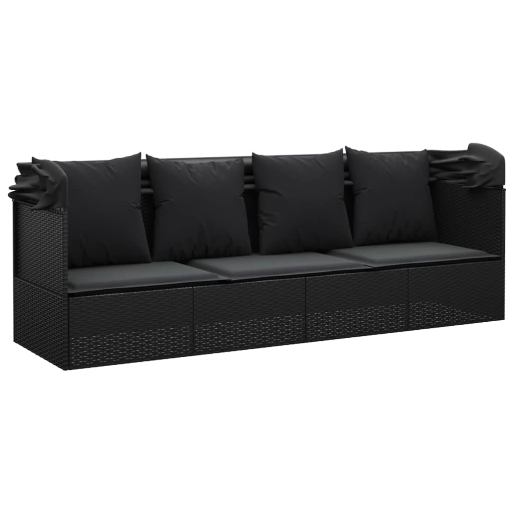 Fekete polyrattan kültéri társalgókanapé tetővel és párnákkal 6