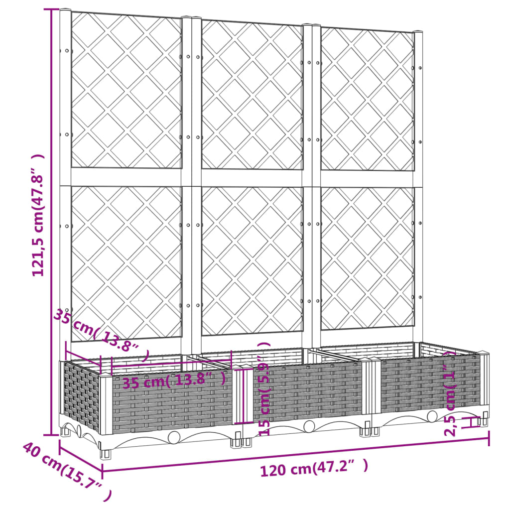 Világosszürke PP rácsos kerti ültetőláda 120 x 40 x 121,5 cm 8