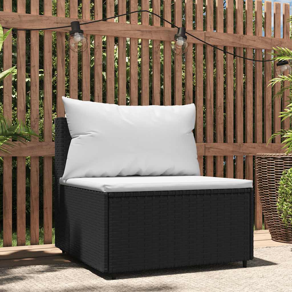 Fekete polyrattan kerti középső kanapé párnákkal