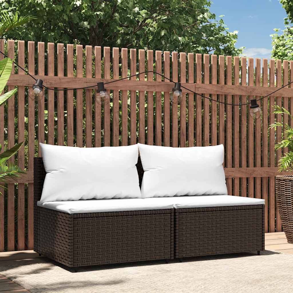 2 db barna polyrattan kerti középső kanapé párnával