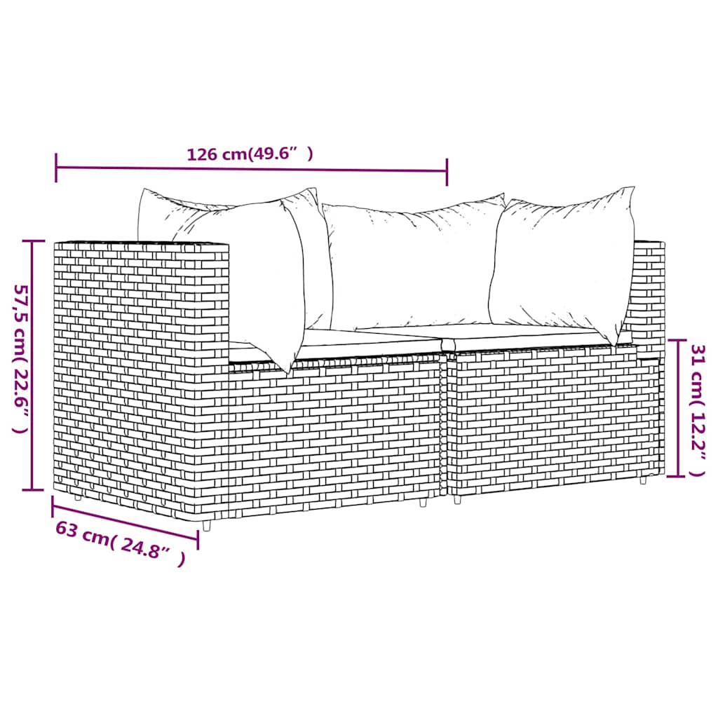 2 db fekete polyrattan kerti sarokkanapé párnákkal 9