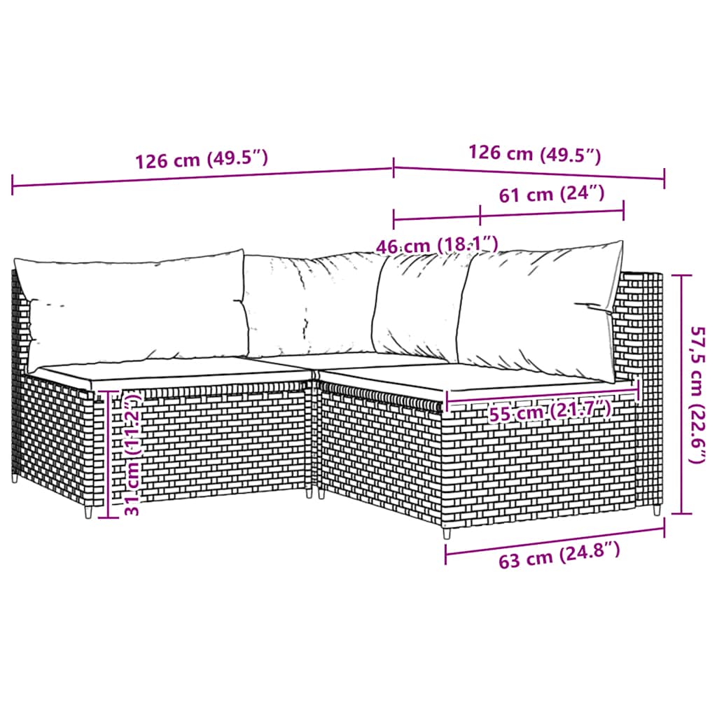 3 részes fekete polyrattan kerti ülőgarnitúra párnákkal 9