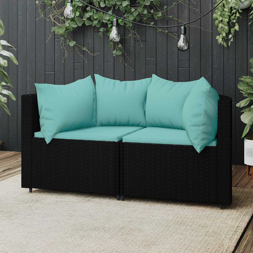 2 db fekete polyrattan kerti sarokkanapé párnákkal