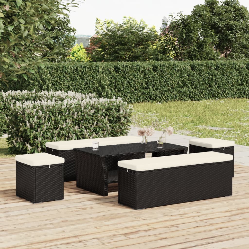 2 db fekete polyrattan zsámoly párnákkal 40 x 30 x 40 cm