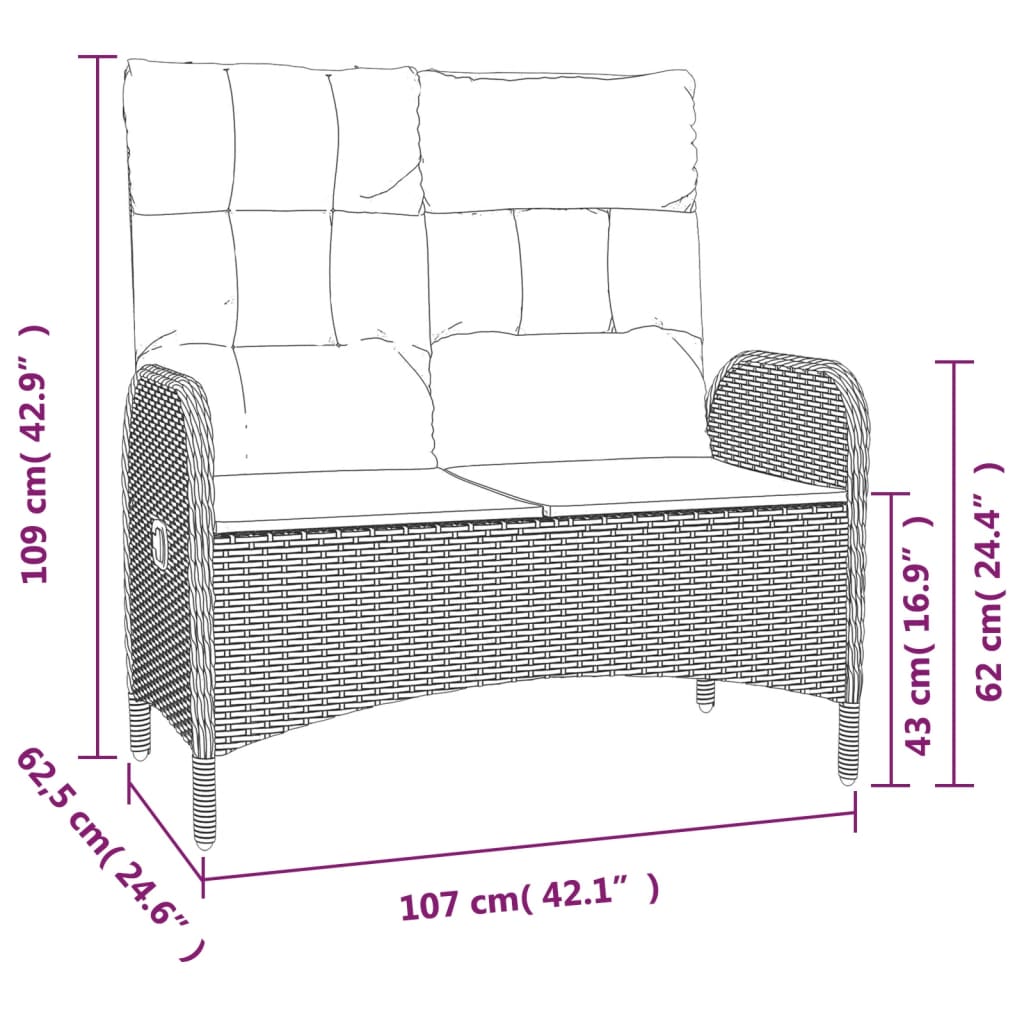Fekete polyrattan dönthető kerti pad párnákkal 107 cm 7