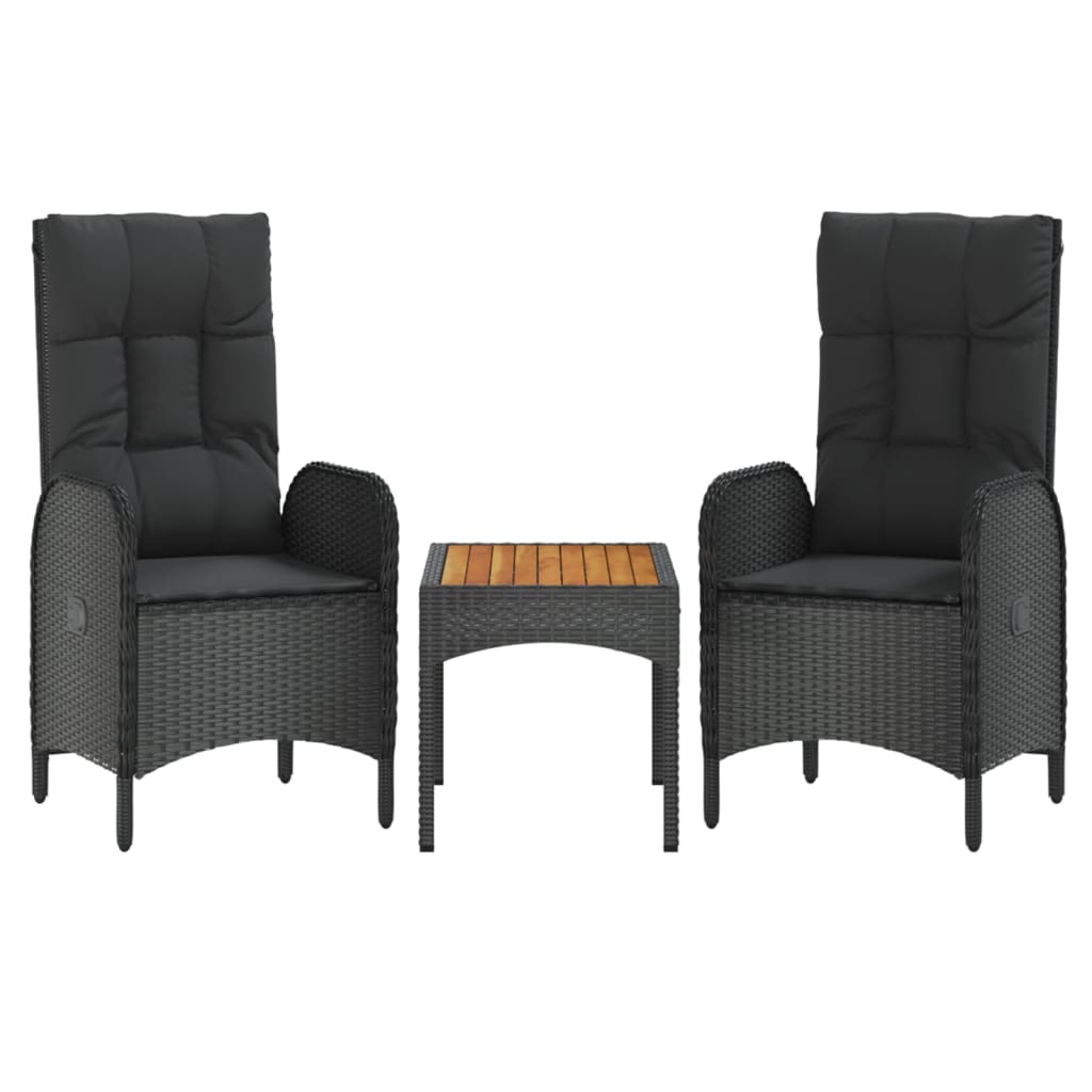 3 részes fekete polyrattan kerti ülőgarnitúra párnákkal 2