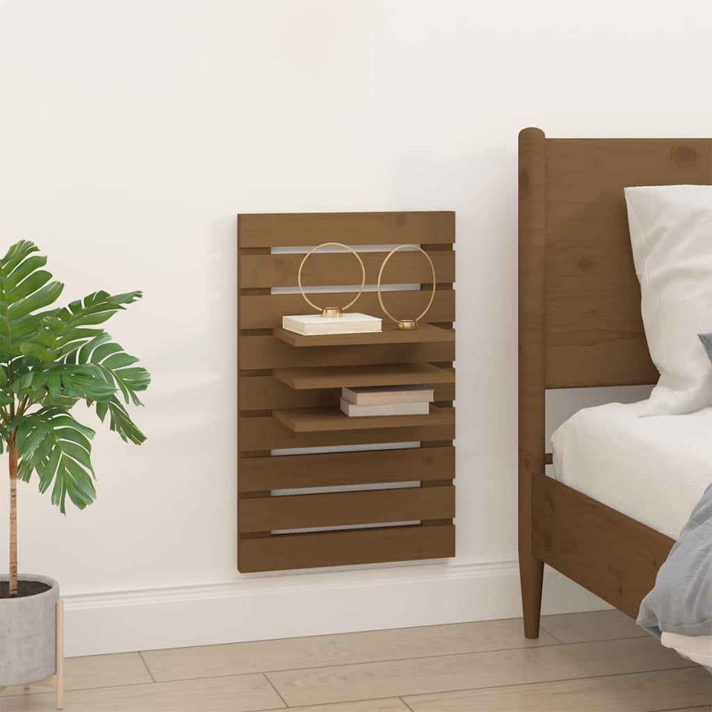 2 db mézbarna tömör fenyőfa falra szerelhető éjjeli polc 3