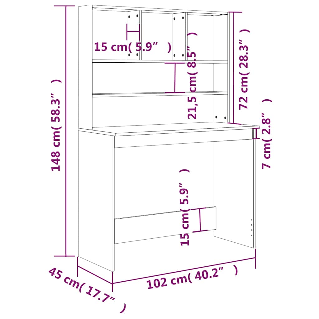 Füstös tölgy szerelt fa íróasztal polcokkal 102 x 45 x 148 cm 8
