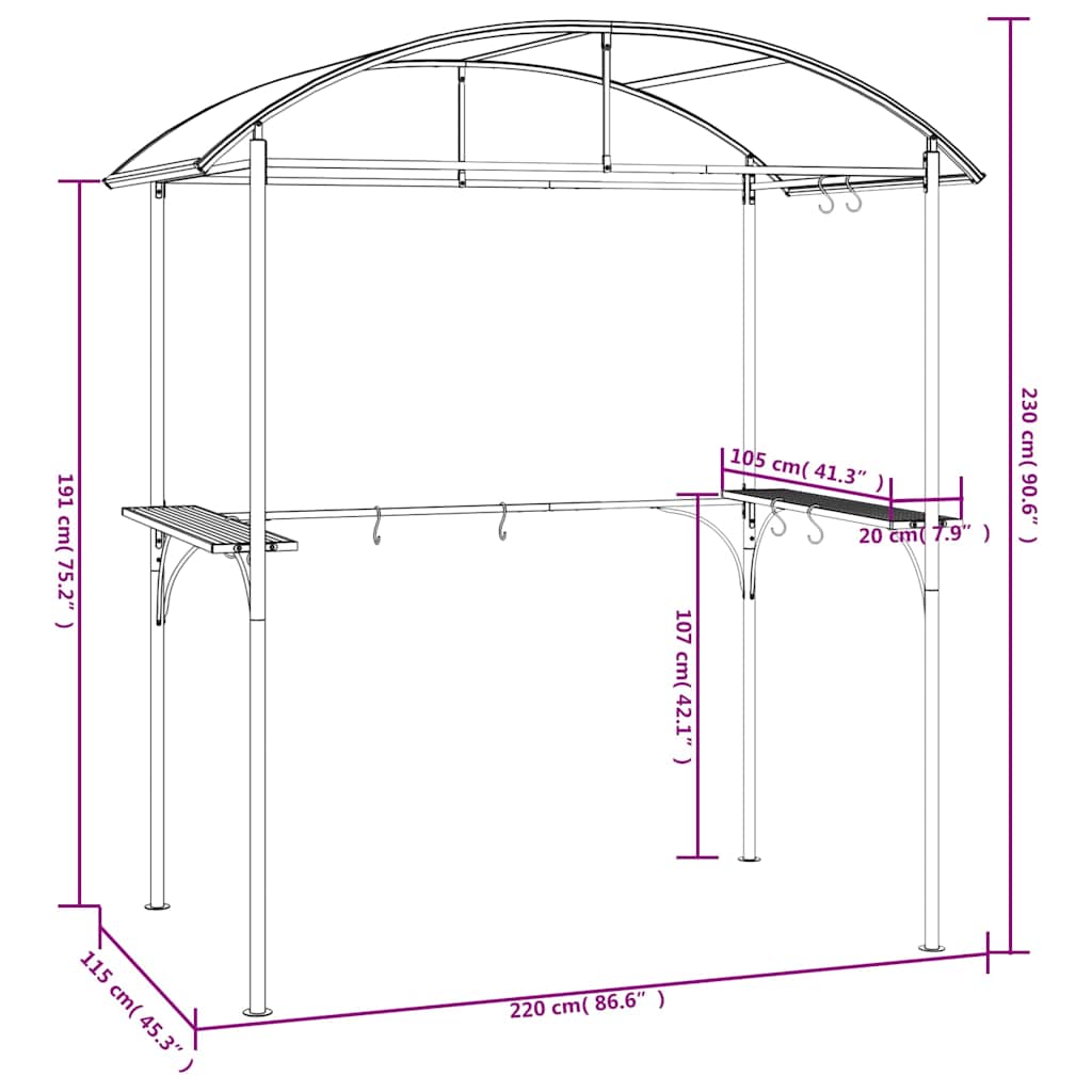 Antracit acél grillező pavilon oldalsó polcokkal 220x115x230 cm 7