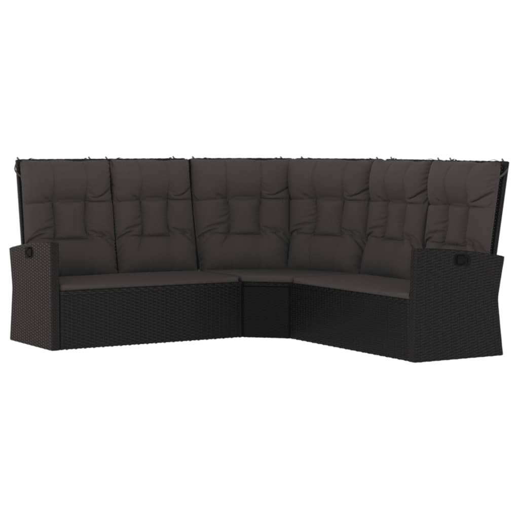 Fekete polyrattan dönthető sarokkanapé párnával 2