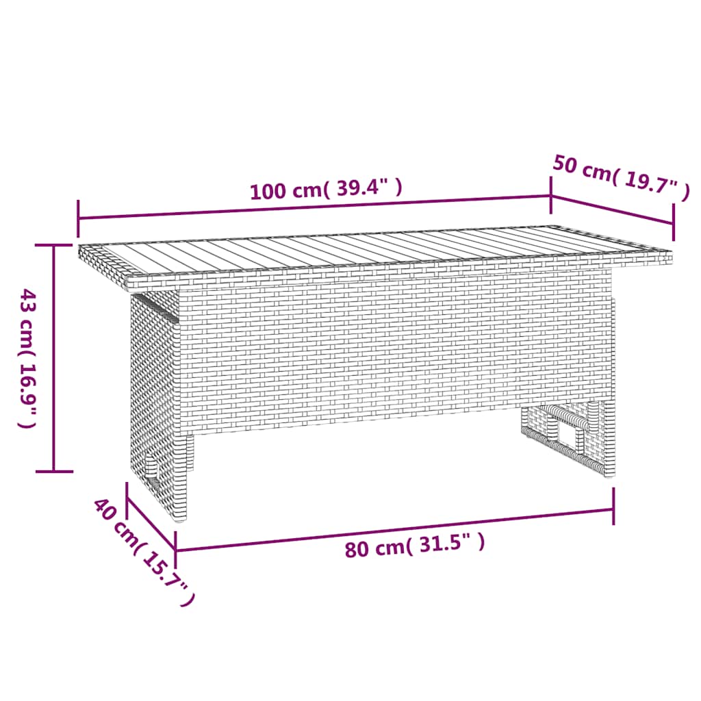 Szürke tömör akácfa és polirattan kerti asztal 100x50x43/63 cm 7