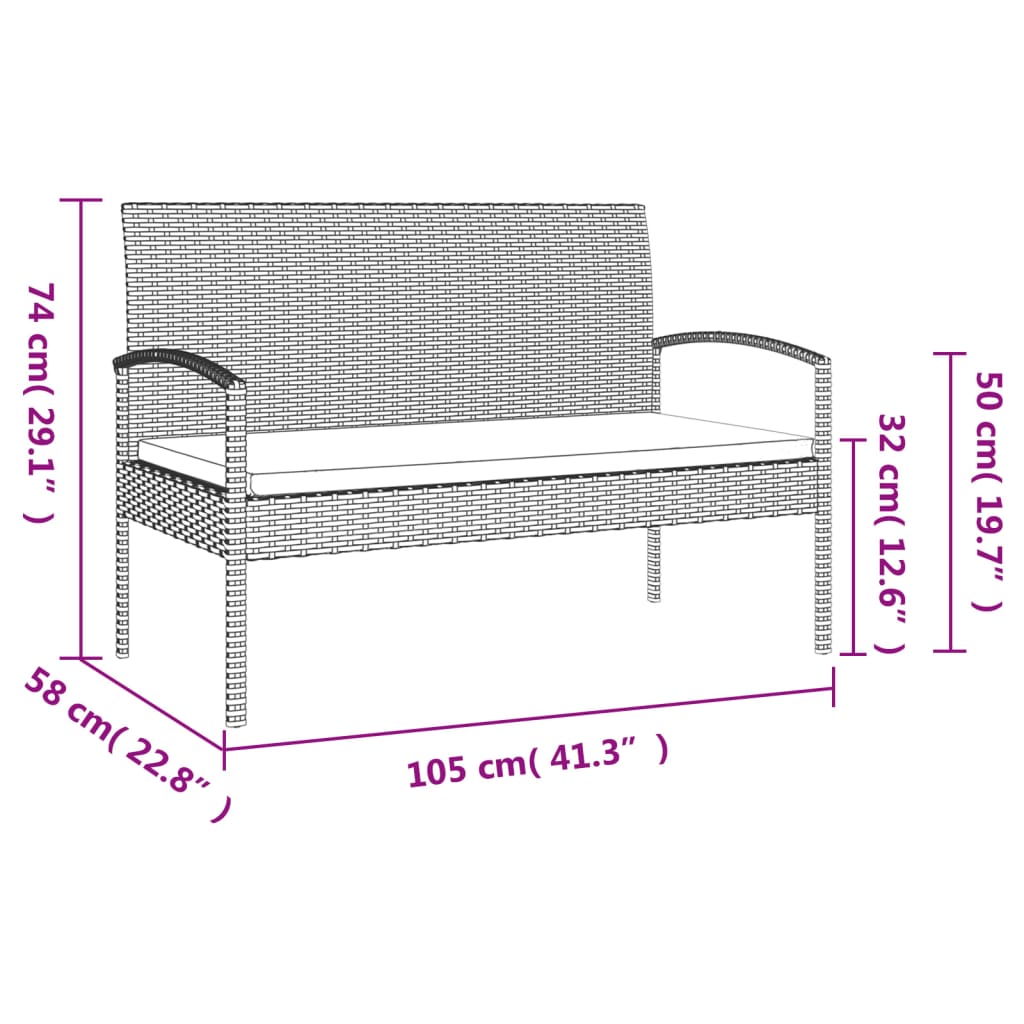 Fekete polyrattan kerti pad párnával 105 cm 8