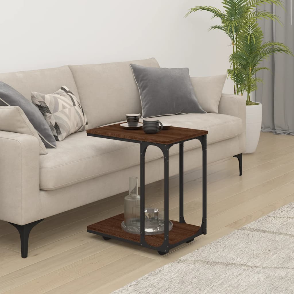 Barna tölgyszínű szerelt fa kisasztal kerekekkel 50x35x55,5 cm 3