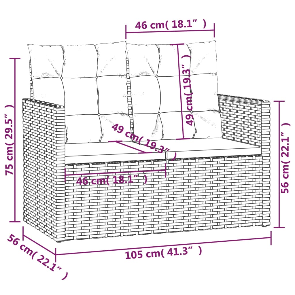 Szürke polyrattan kerti pad párnákkal 105 cm 8