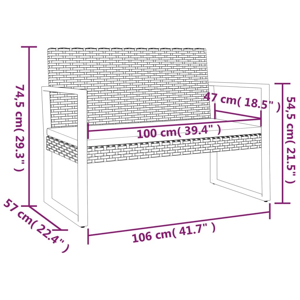 Fekete polyrattan kerti pad párnákkal 106 cm 7