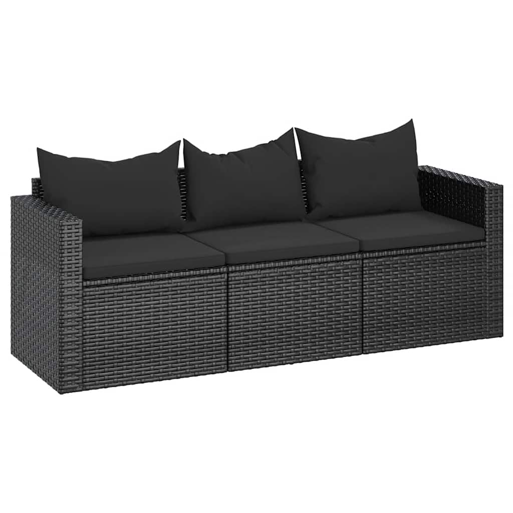 Fekete 3 személyes polyrattan kerti kanapé párnákkal 2