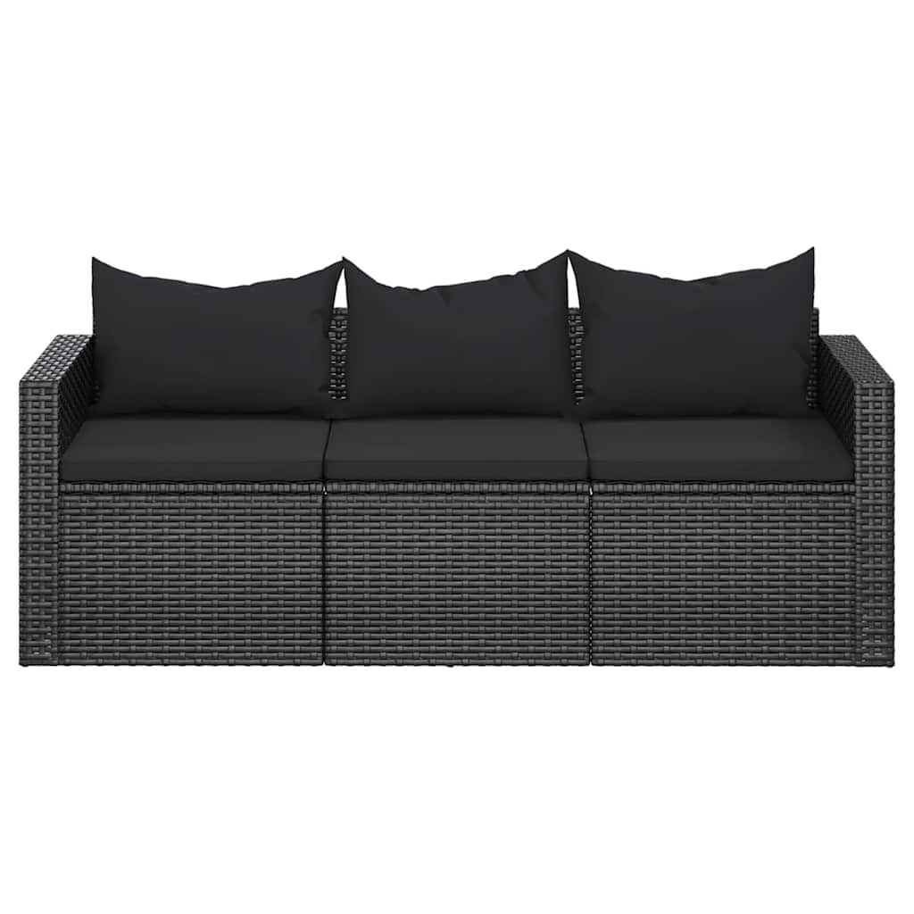 Fekete 3 személyes polyrattan kerti kanapé párnákkal 3