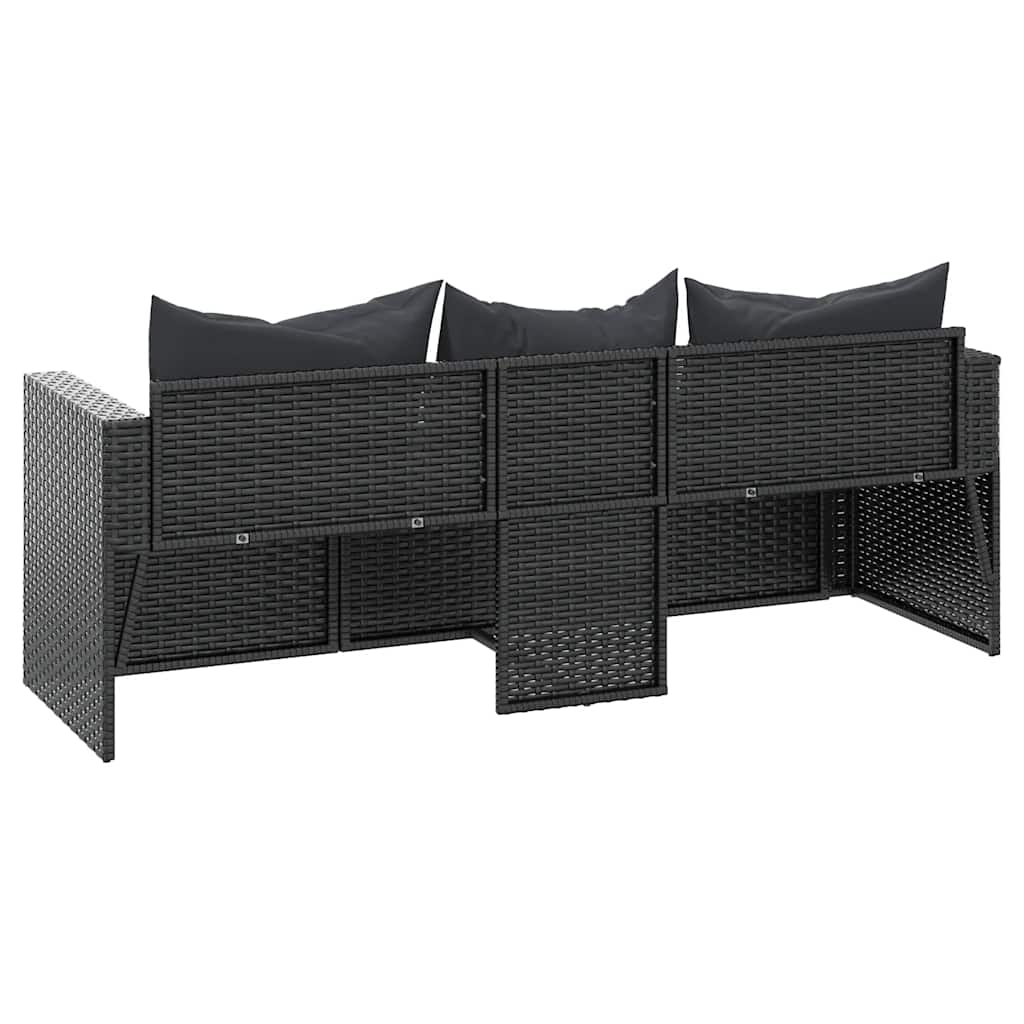 Fekete 3 személyes polyrattan kerti kanapé párnákkal 6