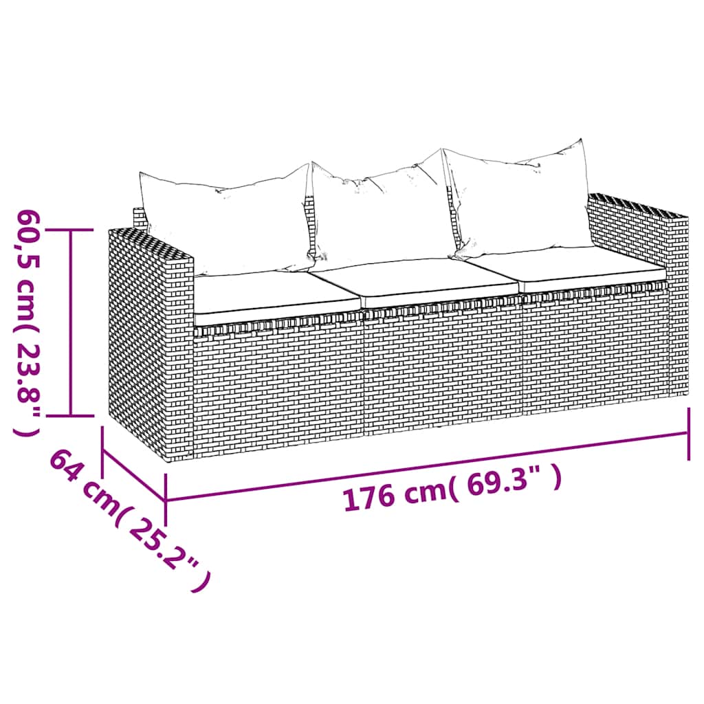 Fekete 3 személyes polyrattan kerti kanapé párnákkal 8