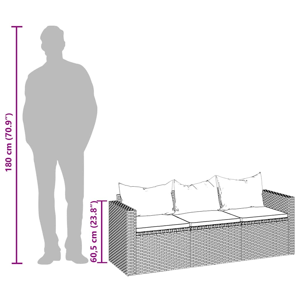 Fekete 3 személyes polyrattan kerti kanapé párnákkal 9