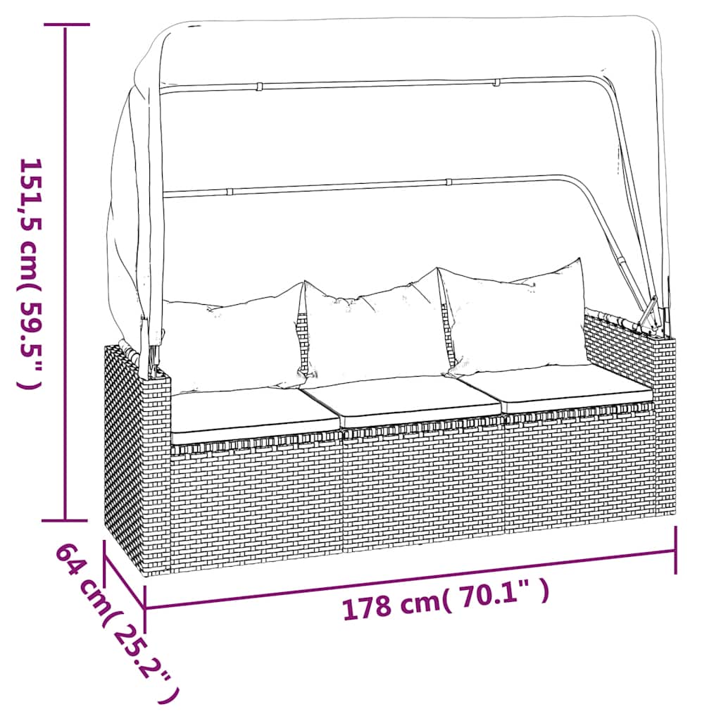 3-személyes szürke polyrattan kanapé tetővel és lábtartóval 9