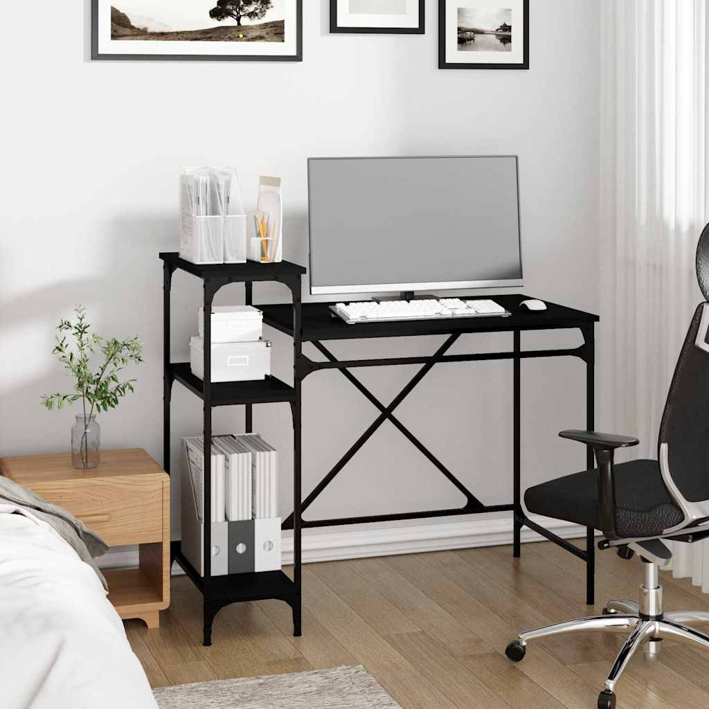 Fekete szerelt fa és vas íróasztal polcokkal 105x50x90 cm 3