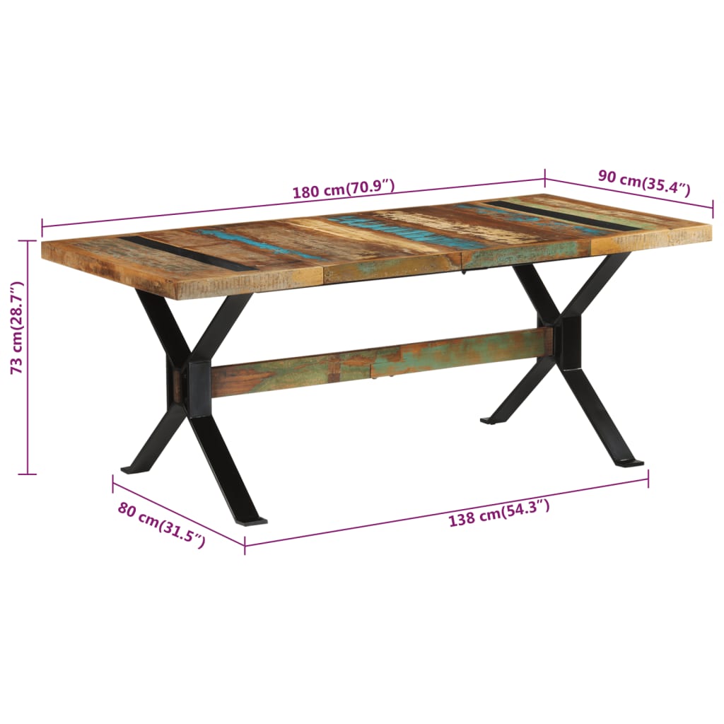 Tömör újrahasznosított fa étkezőasztal 180 x 90 x 73 cm 8