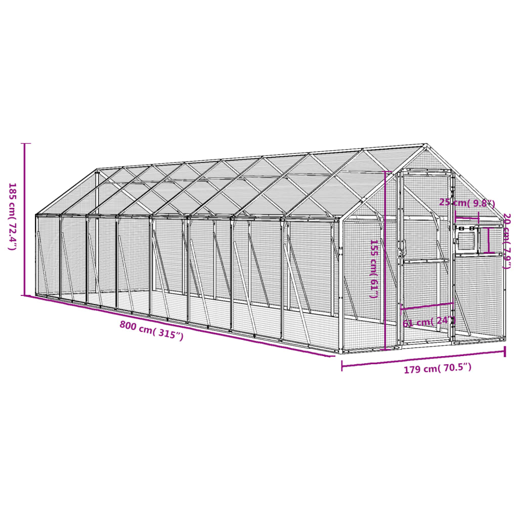 Ezüstszínű alumínium madárház 1,79 x 8 x 1,85m 7