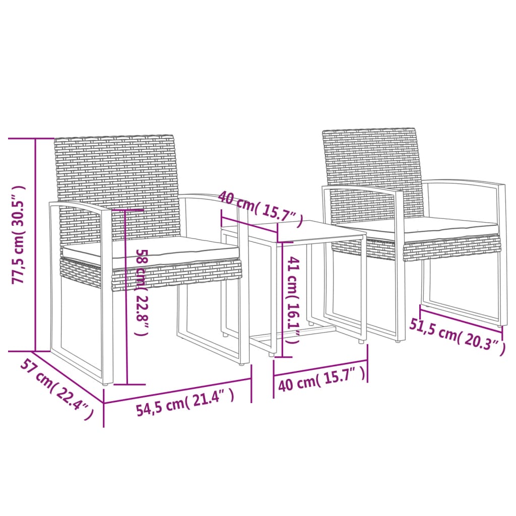 3 részes fekete polyrattan kerti étkezőgarnitúra párnákkal 7