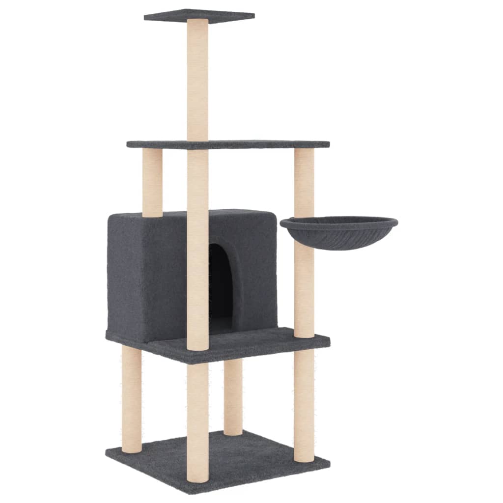 Sötétszürke macskabútor szizál kaparófákkal 132 cm 2