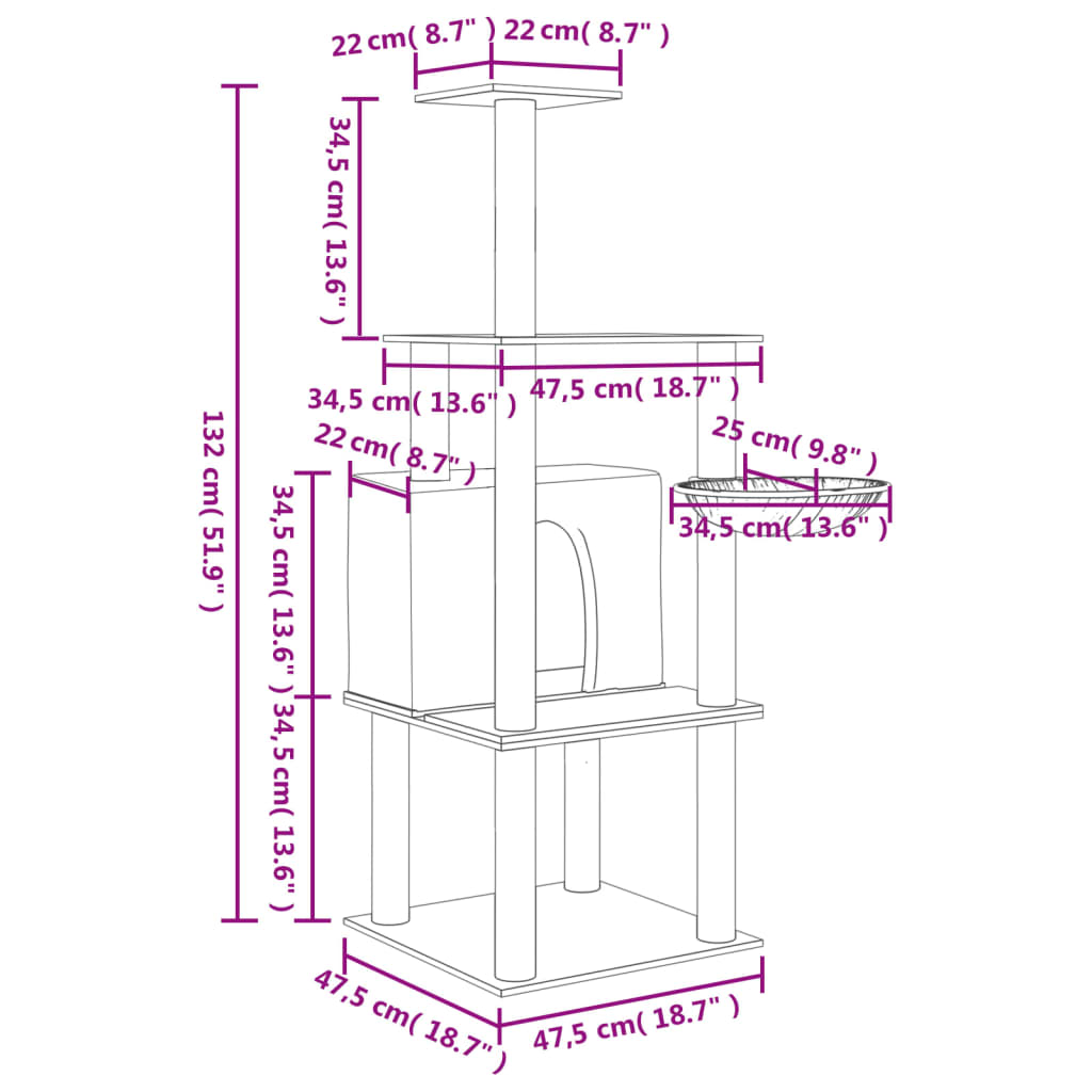 Sötétszürke macskabútor szizál kaparófákkal 132 cm 8