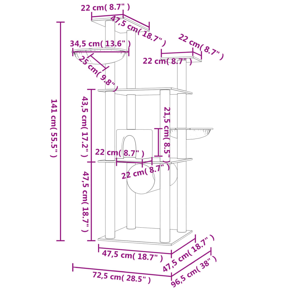 Sötétszürke macskabútor szizál kaparófákkal 141 cm 8