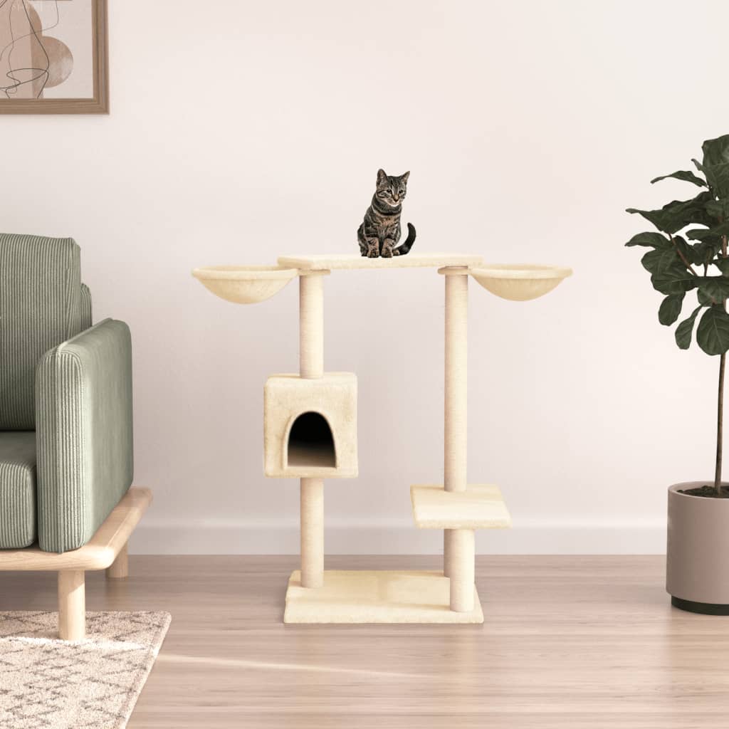 Krémszínű macskabútor szizál kaparófákkal 82 cm