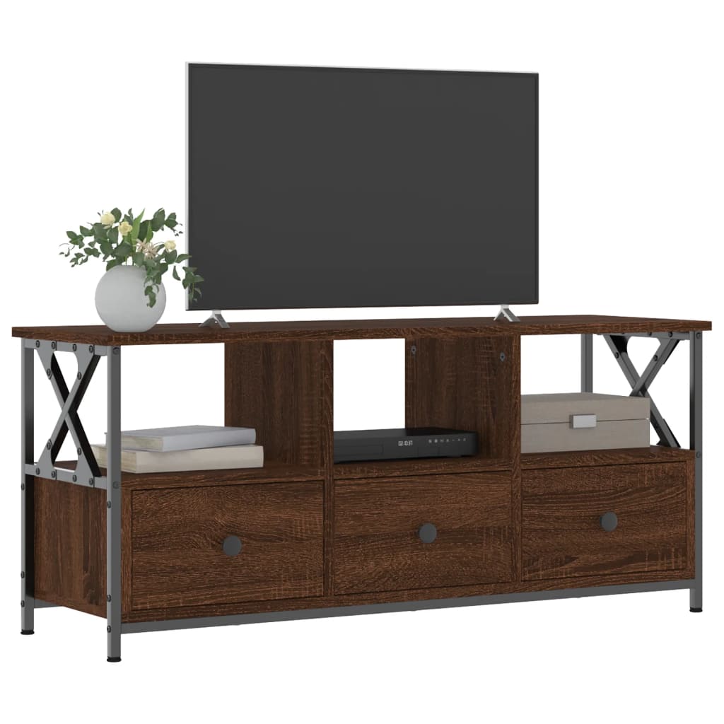 Barna tölgyszínű szerelt fa és vas TV-szekrény 102x33x45 cm 7