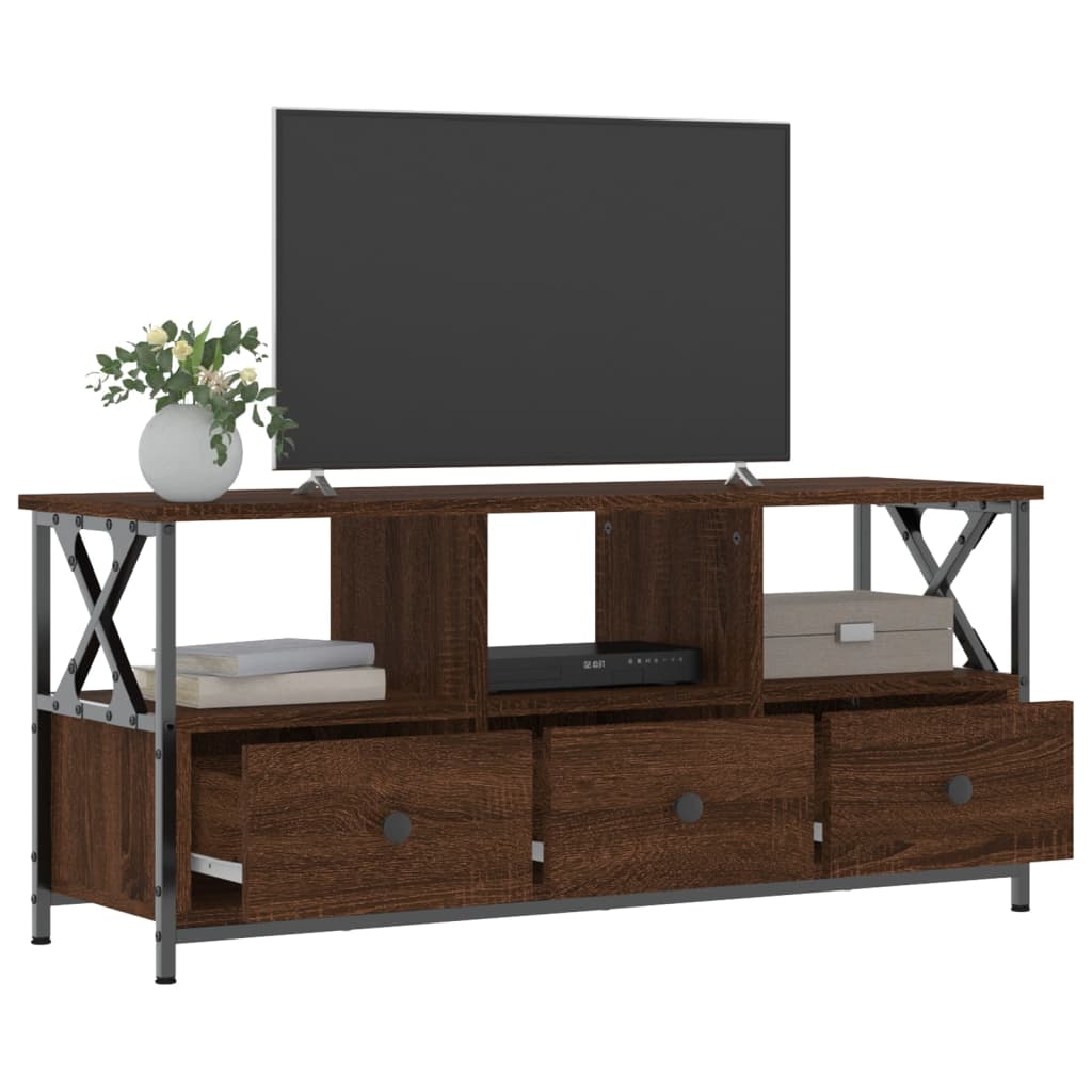 Barna tölgyszínű szerelt fa és vas TV-szekrény 102x33x45 cm 8