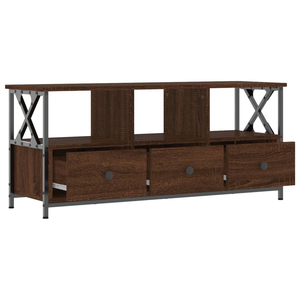 Barna tölgyszínű szerelt fa és vas TV-szekrény 102x33x45 cm 4