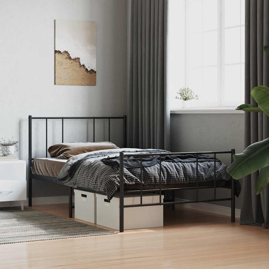 Fekete fém ágykeret fej- és lábtámlával 90 x 190 cm
