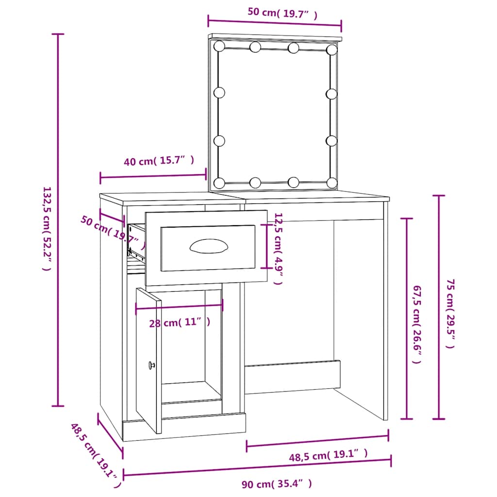 Barna tölgyszínű szerelt fa pipereasztal LED-del 90x50x132,5 cm 14