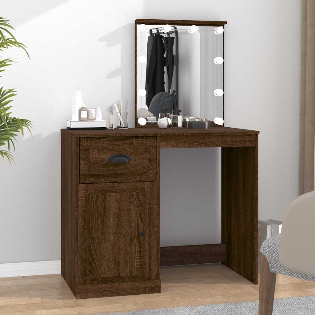 Barna tölgyszínű szerelt fa pipereasztal LED-del 90x50x132,5 cm
