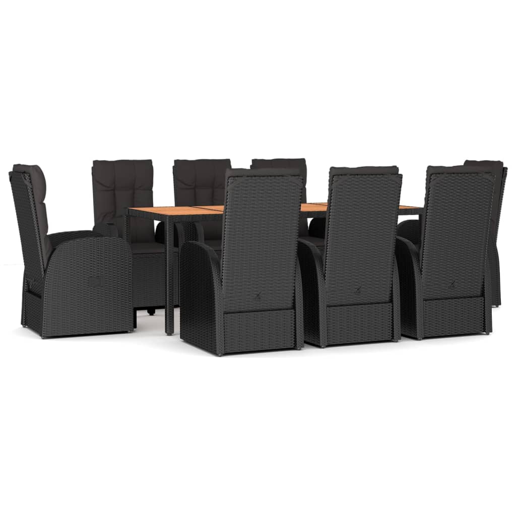 9 részes fekete polyrattan kerti étkezőgarnitúra párnákkal 2