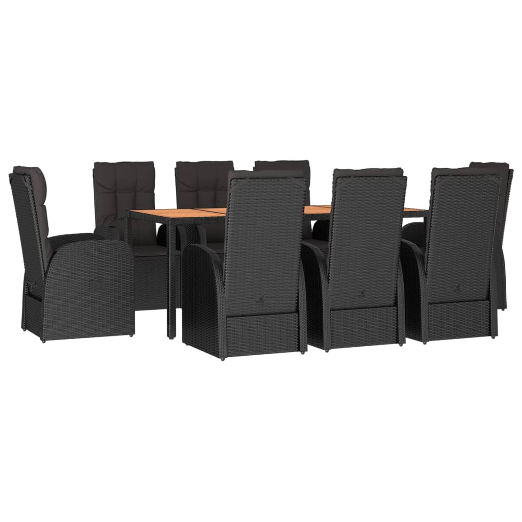 9 részes fekete polyrattan kerti étkezőgarnitúra párnákkal 3