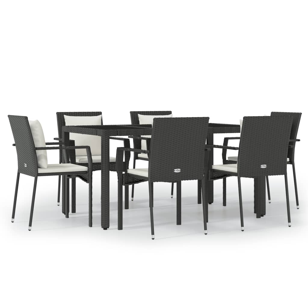 7 részes fekete polyrattan kerti étkezőgarnitúra párnával 2