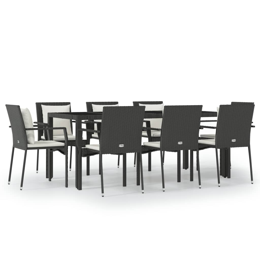 9 részes fekete polyrattan kerti étkezőgarnitúra párnákkal 2